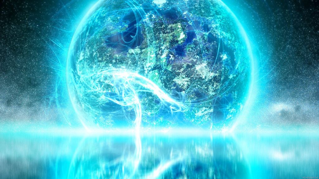 Glowing blue abstract sphere with cyan light trails on mirrored surface starry cosmic background wallpaper