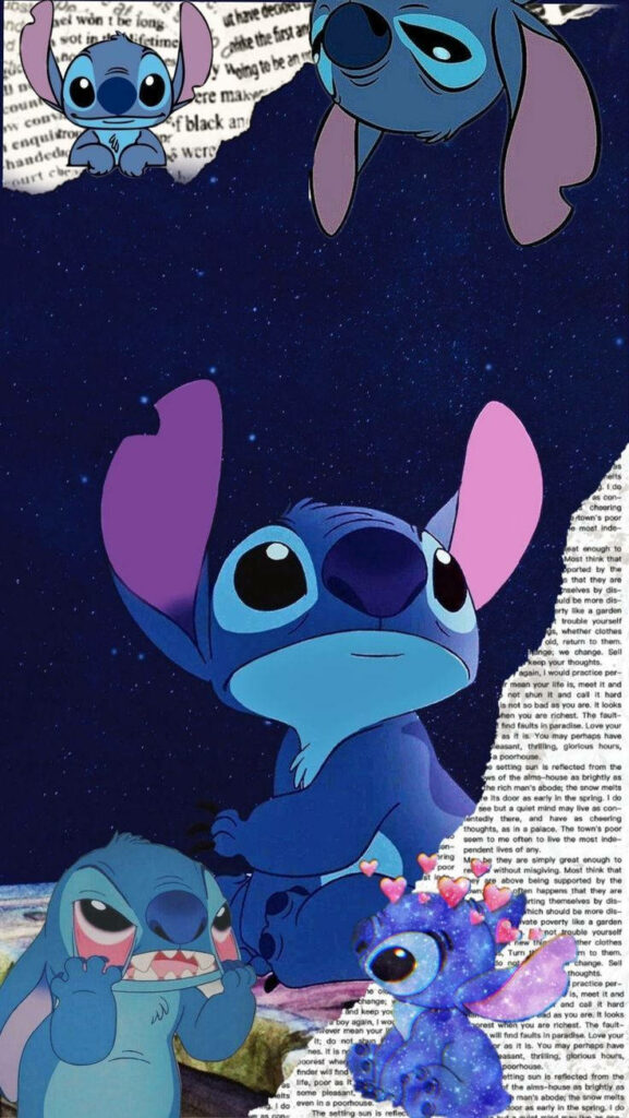 Blue Alien Character Collage on Torn Book Pages & Starry Background Wallpaper