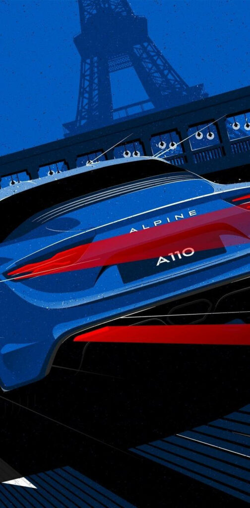Rear view of blue Alpine A110 sports car with Eiffel Tower Paris background wallpaper design