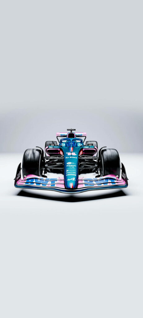 Front view of blue Alpine Formula 1 car showcasing aerodynamic design on light background wallpaper