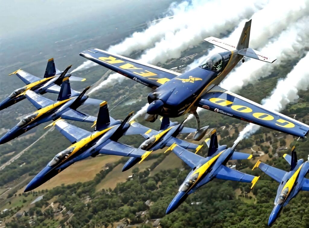 Blue Angels and aerobatic aircraft soaring in synchronized flight over scenic landscape wallpaper