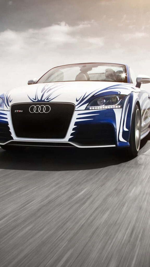 Blue Audi R8 speeding on urban road dynamic luxury sports car iPhone wallpaper background