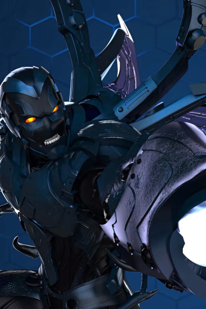 Blue Beetle armored hero with glowing eyes and futuristic weaponry on hexagonal background Wallpaper