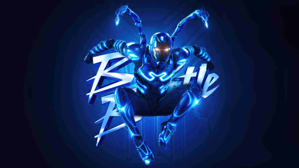 Blue Beetle in glowing blue armor striking dynamic hero pose with vibrant graffiti background Wallpaper
