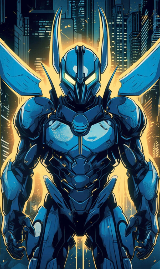 Blue Beetle armored hero stands strong glowing city background dynamic superhero wallpaper