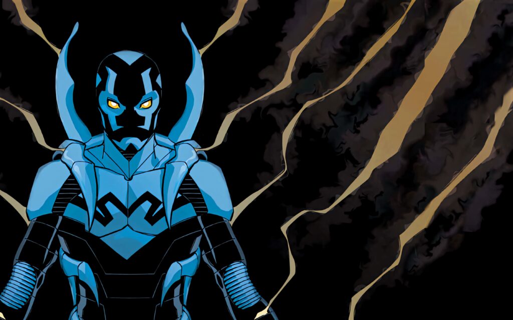 Blue Beetle in armored suit with golden light streaks on dark background heroic wallpaper