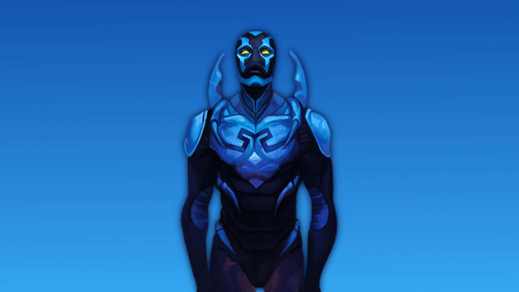 Blue Beetle in vibrant blue armor standing heroically on smooth gradient wallpaper background