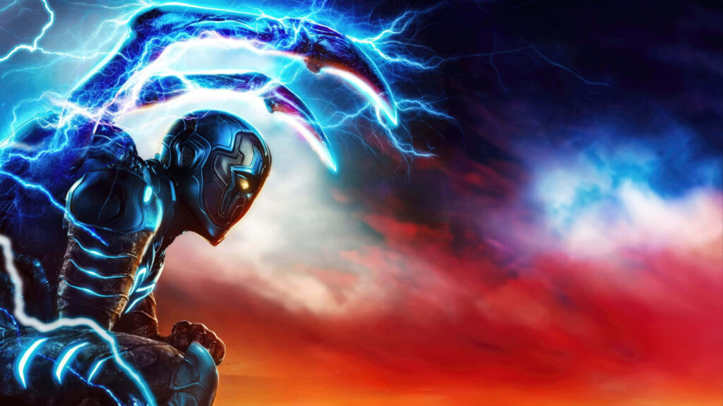 Blue Beetle in dynamic pose with electric aura high-tech suit and dramatic sky wallpaper background