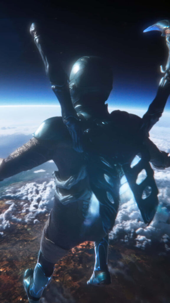 Blue Beetle in high-tech suit flying above Earth with stunning space view wallpaper background