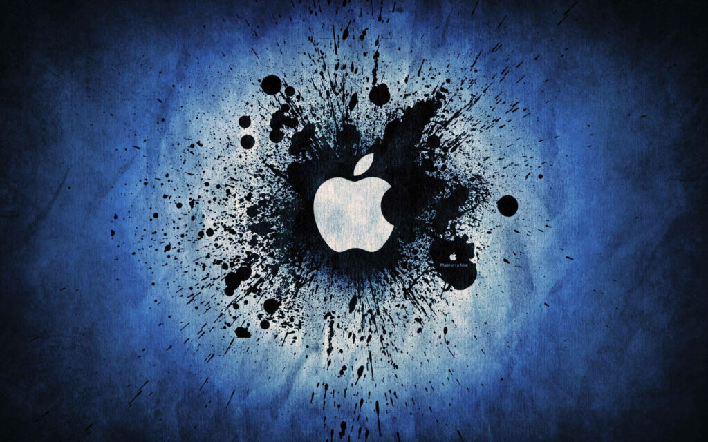 Digital art wallpaper with black ink splatter Apple logo on textured deep blue gradient background