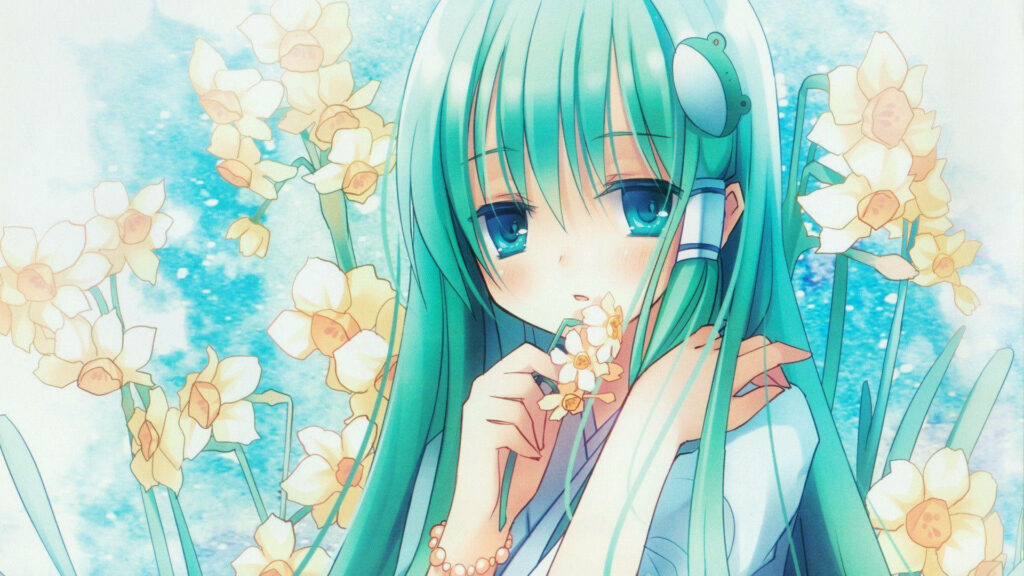 Blue Blossoms: A Cute Anime Wallpaper Featuring a Flower-Adorned Girl with Blue Hair