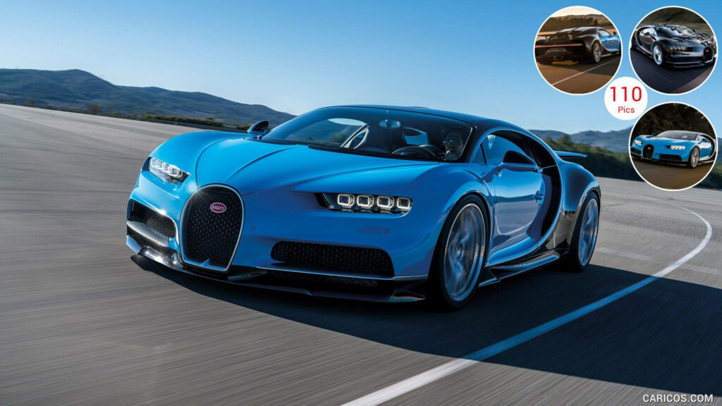 Blue Bugatti Chiron speeding on open road showcasing luxury design and aerodynamic curves Wallpaper
