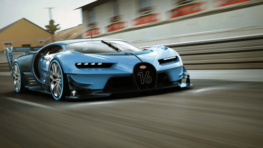 Blue Bugatti sports car racing on city street showcasing aerodynamic design and power Wallpaper
