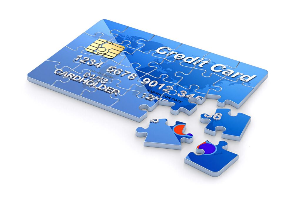 Blue credit card jigsaw puzzle with chip 3D glossy design finance security digital background Wallpaper
