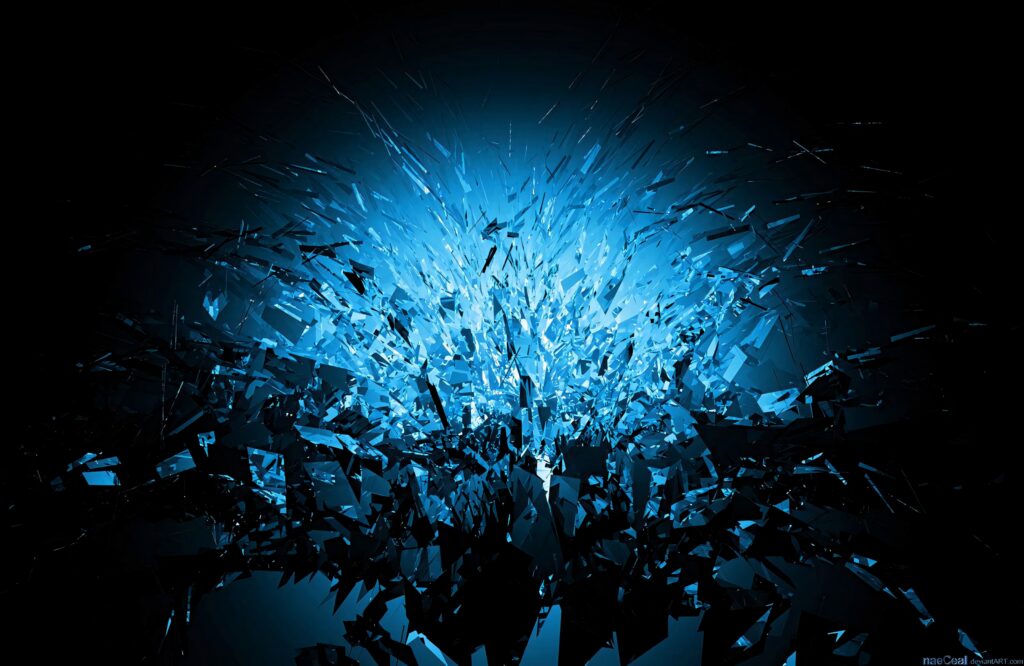 Blue crystal shards burst from center on dark background creating dynamic splash wallpaper effect