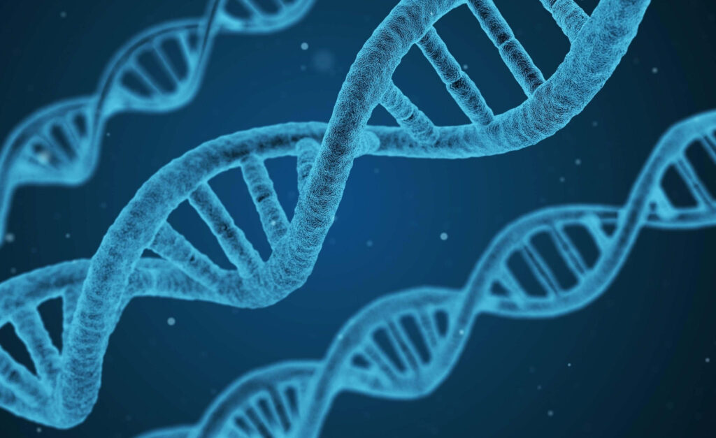 Detailed blue DNA double helix strands on dark blurred background modern scientific wallpaper