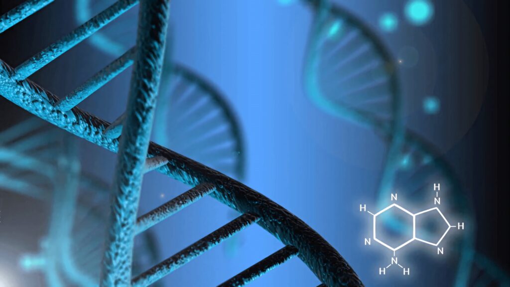 Close-up blue DNA double helix with glowing background and chemical formula scientific wallpaper