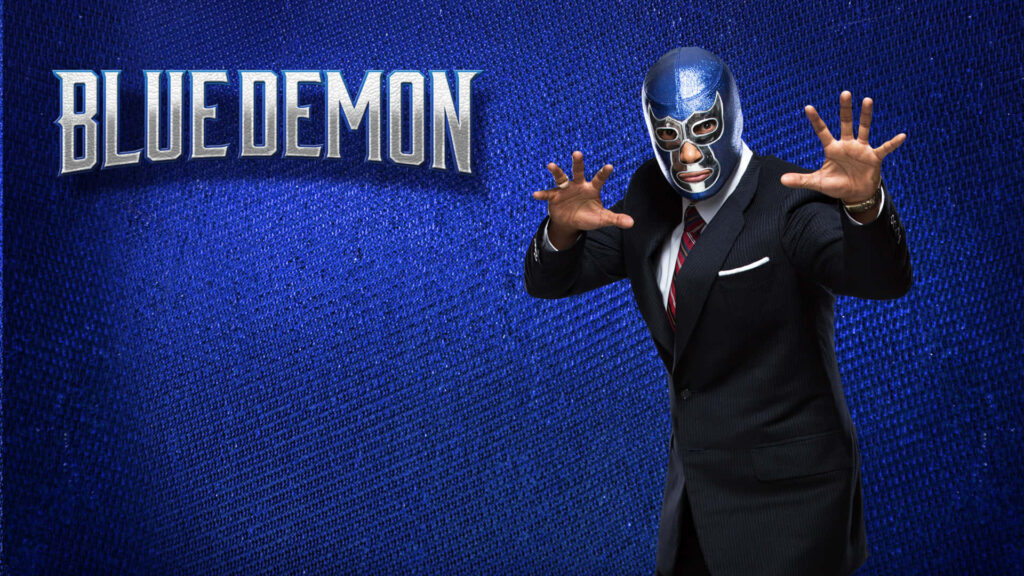 Blue Demon digital art wallpaper with iconic blue mask suit and textured blue background