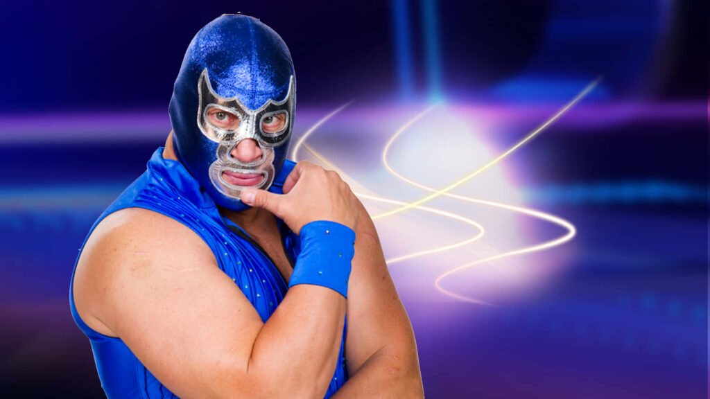 Masked wrestler Blue Demon in shimmering blue costume with vibrant glowing abstract background Wallpaper