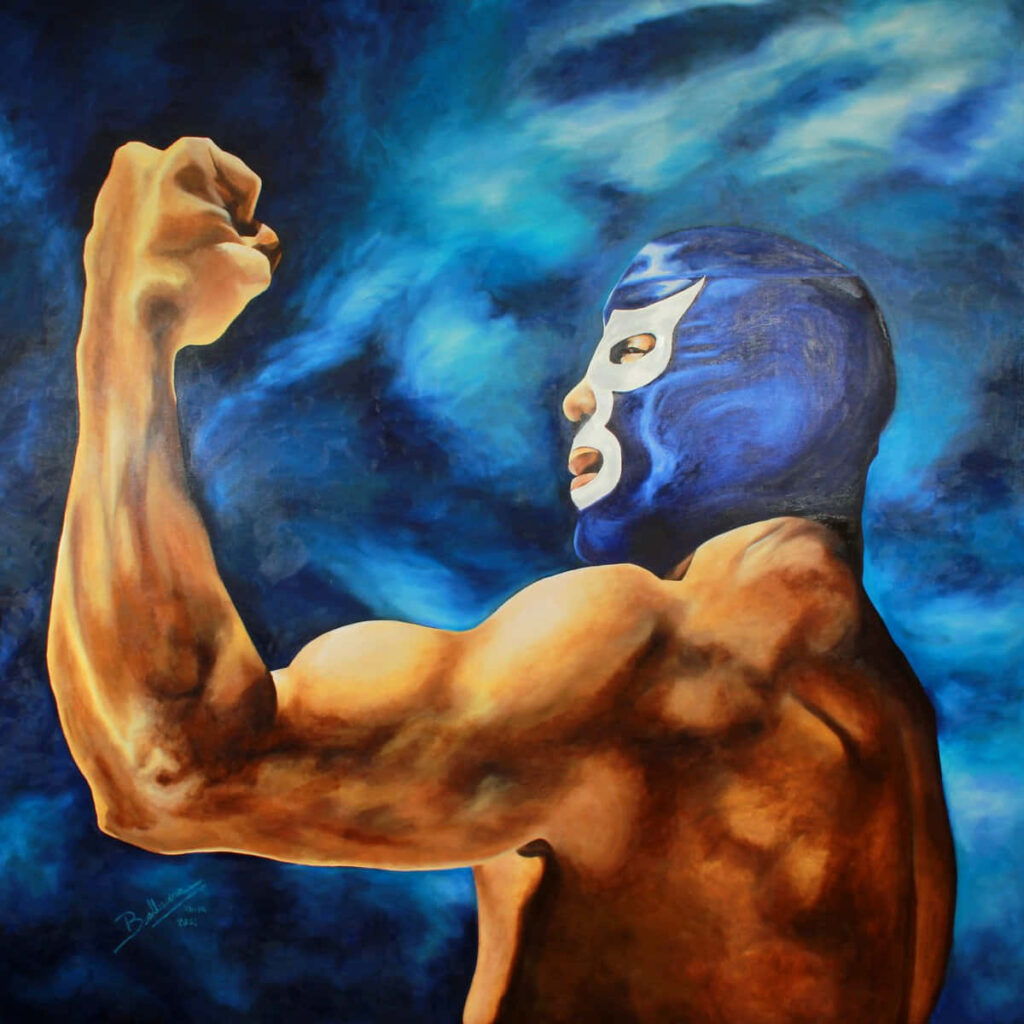 Vector artwork of Blue Demon with muscular physique and iconic mask on smoky blue background Wallpaper