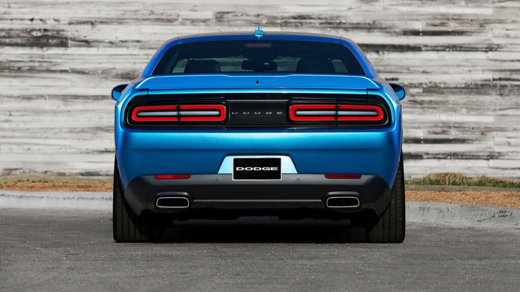 Rear view of blue 2015 Dodge Challenger showcasing muscular design and powerful road presence Wallpaper