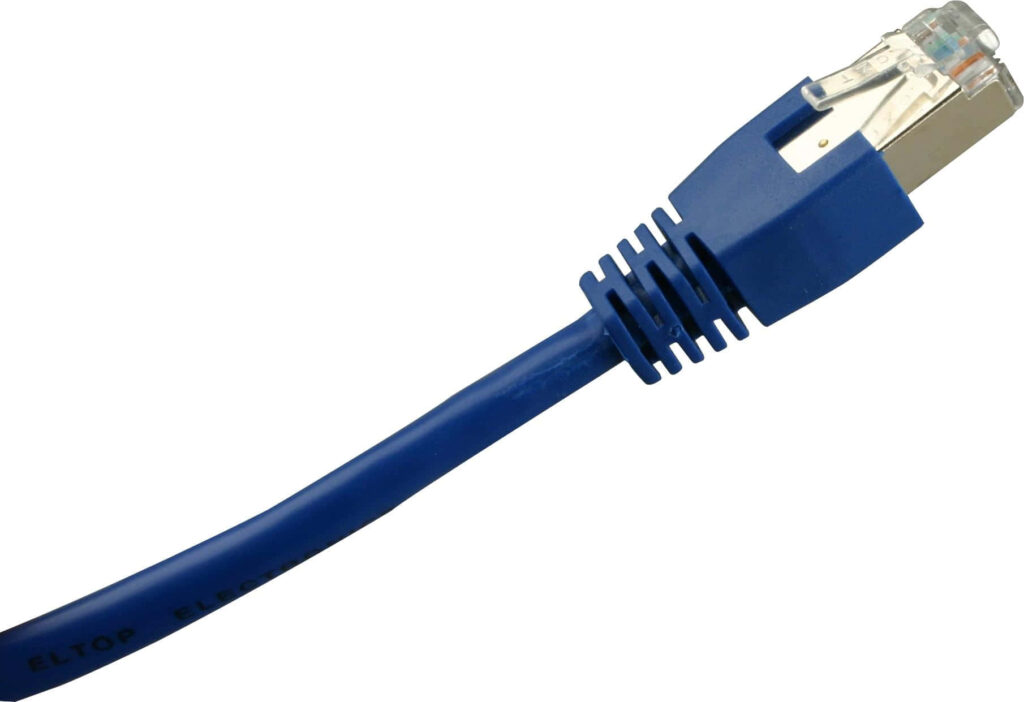 Close-up of blue Ethernet cable with clear connector on clean background networking wallpaper