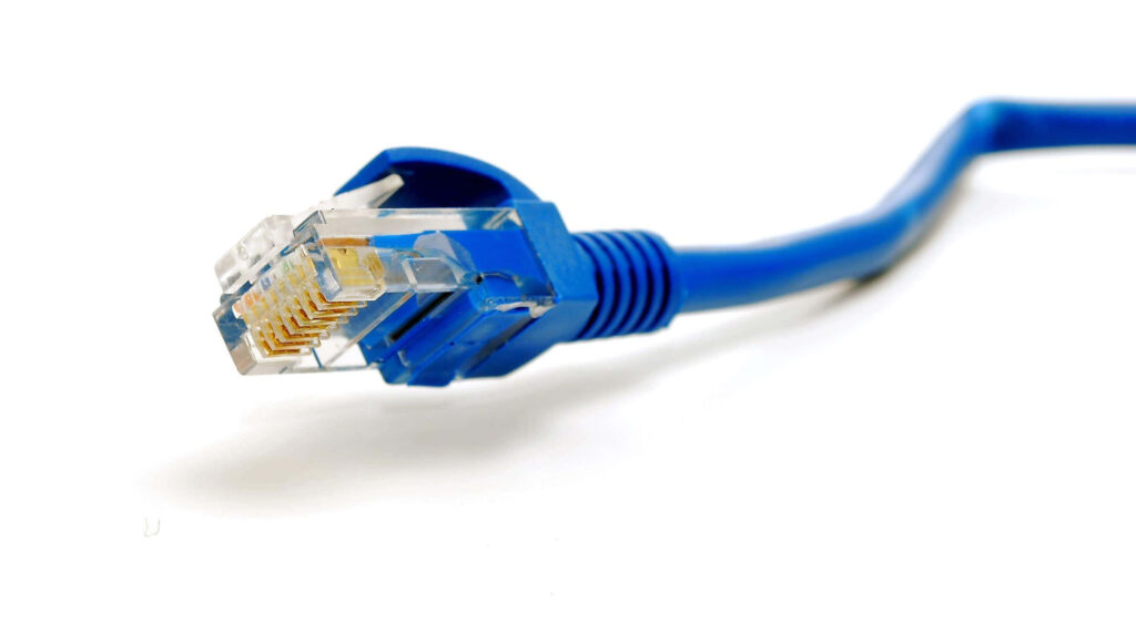 Close-up of blue Ethernet cable with clear RJ45 connector on white tech connectivity wallpaper