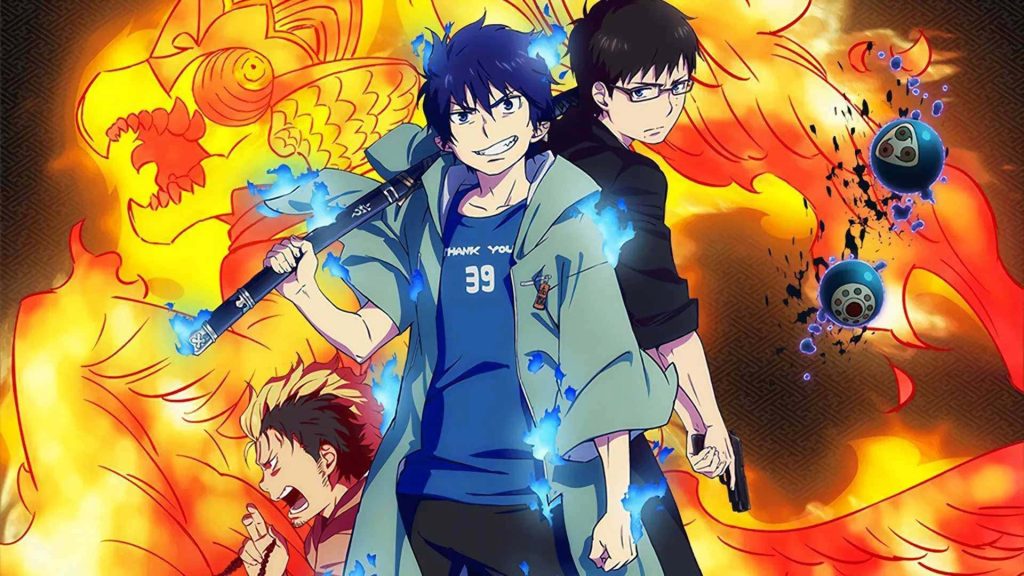 Blue Exorcist Rin Okumura with blue flame sword and allies in fiery anime wallpaper background
