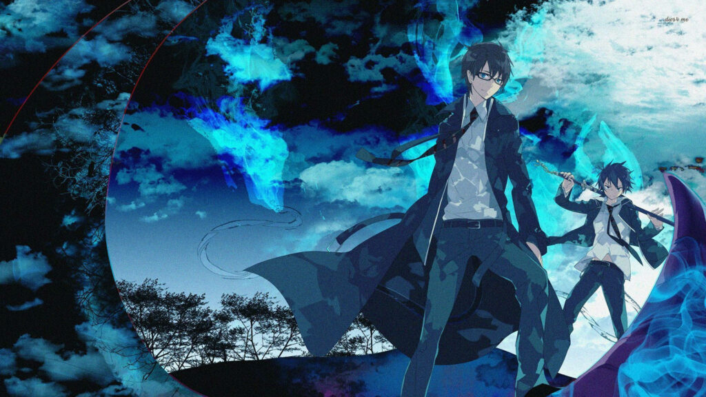 Blue Exorcist wallpaper with Rin and Yukio Okumura amid blazing supernatural blue flames at night