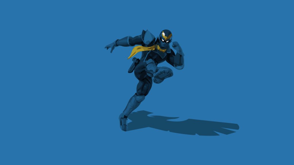 Blue Falcon digital art wallpaper mid-air kick dynamic pose blue suit gold cowl crest yellow scarf