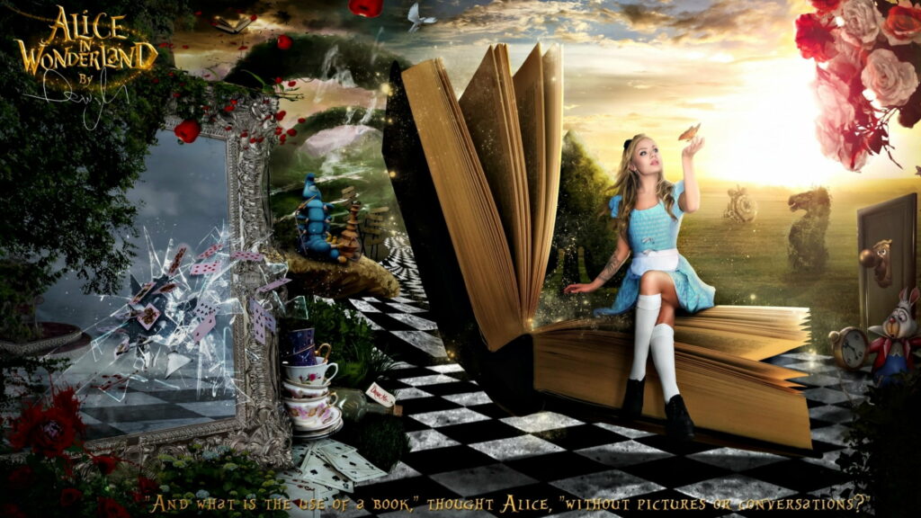 Enchanting Journey: A Dreamlike Blue Fantasy - QHD Wallpaper featuring a Girl in Alice in Wonderland