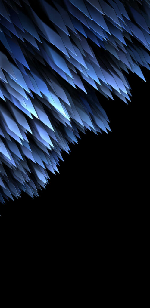 Abstract 3D blue shards cascade on black background minimalist modern wallpaper for AMOLED screens