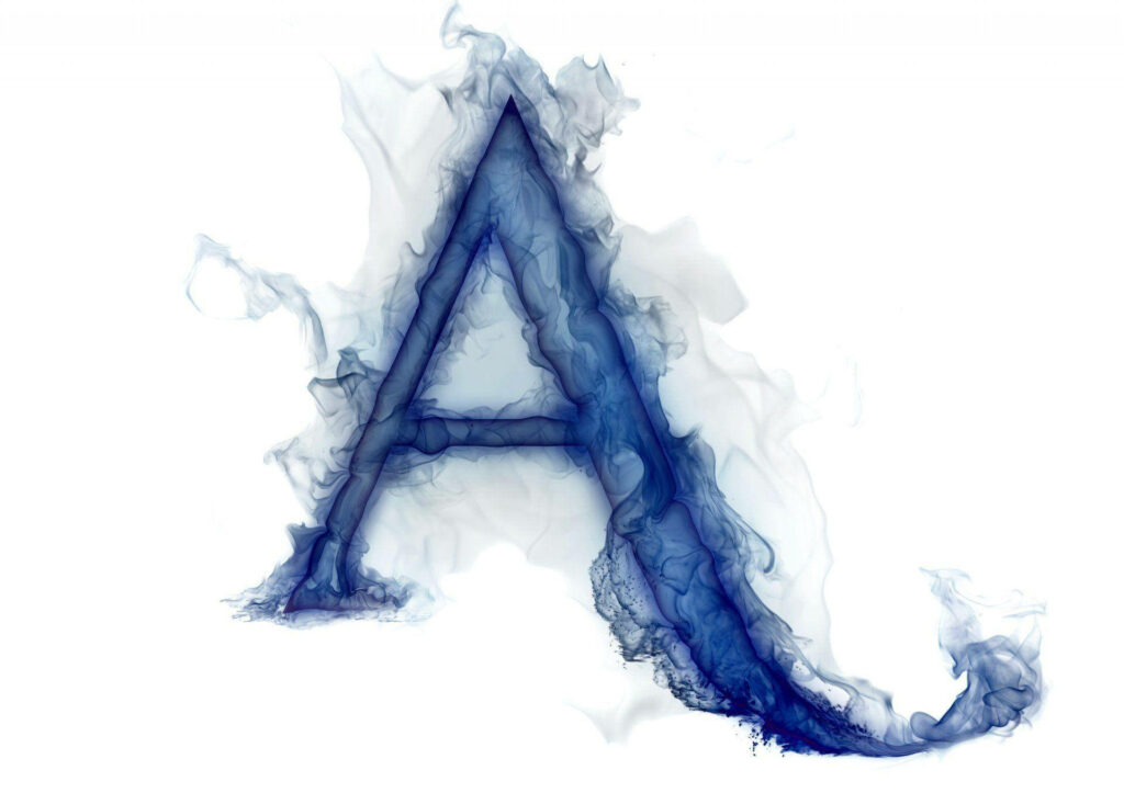 Digital wallpaper of letter A with swirling blue smoke on white background modern artistic design