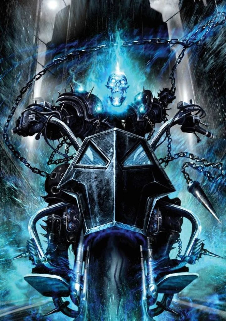 Blue Flaming Ghost Rider on armored Hell Cycle with chains in dark supernatural digital art Wallpaper