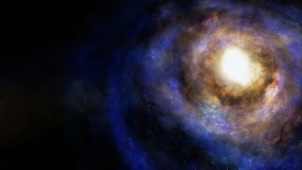 Golden-Lit Cosmic Spiral: Enigmatic Space Background with Lustrous Blue Galaxy Wallpaper