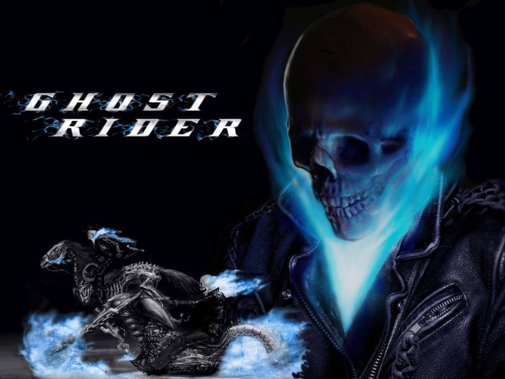 Blue Ghost Rider wallpaper with flaming skull and electric blue fire on black background