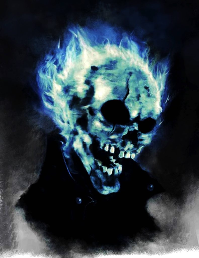Blue Ghost Rider with glowing blue flames and skull on dark moody background wallpaper