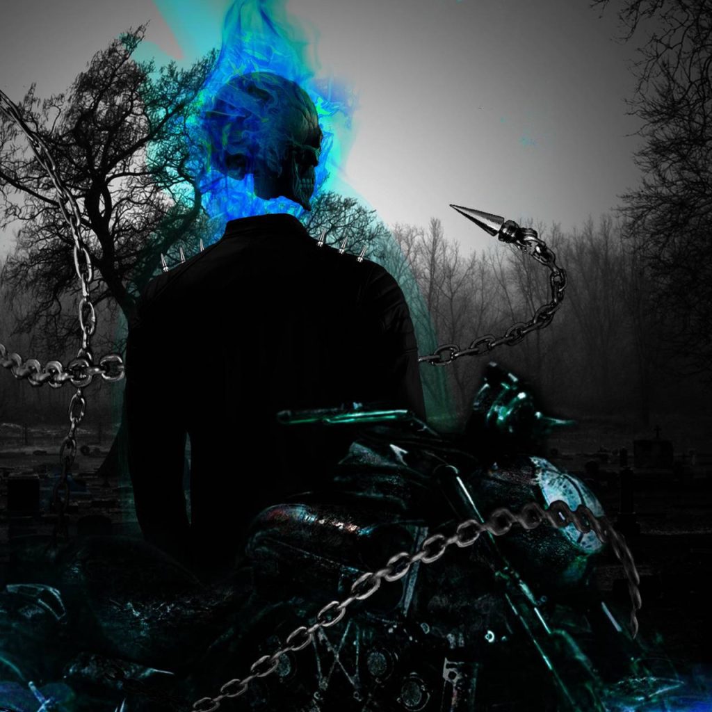 Blue Ghost Rider with electric skull and chains in moody greyscale graveyard digital art wallpaper