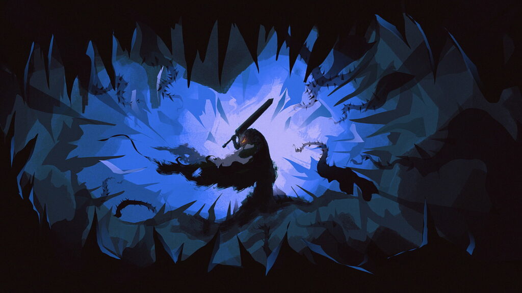 Intense Berserk-inspired wallpaper featuring dramatic icy-blue shards and dark silhouette