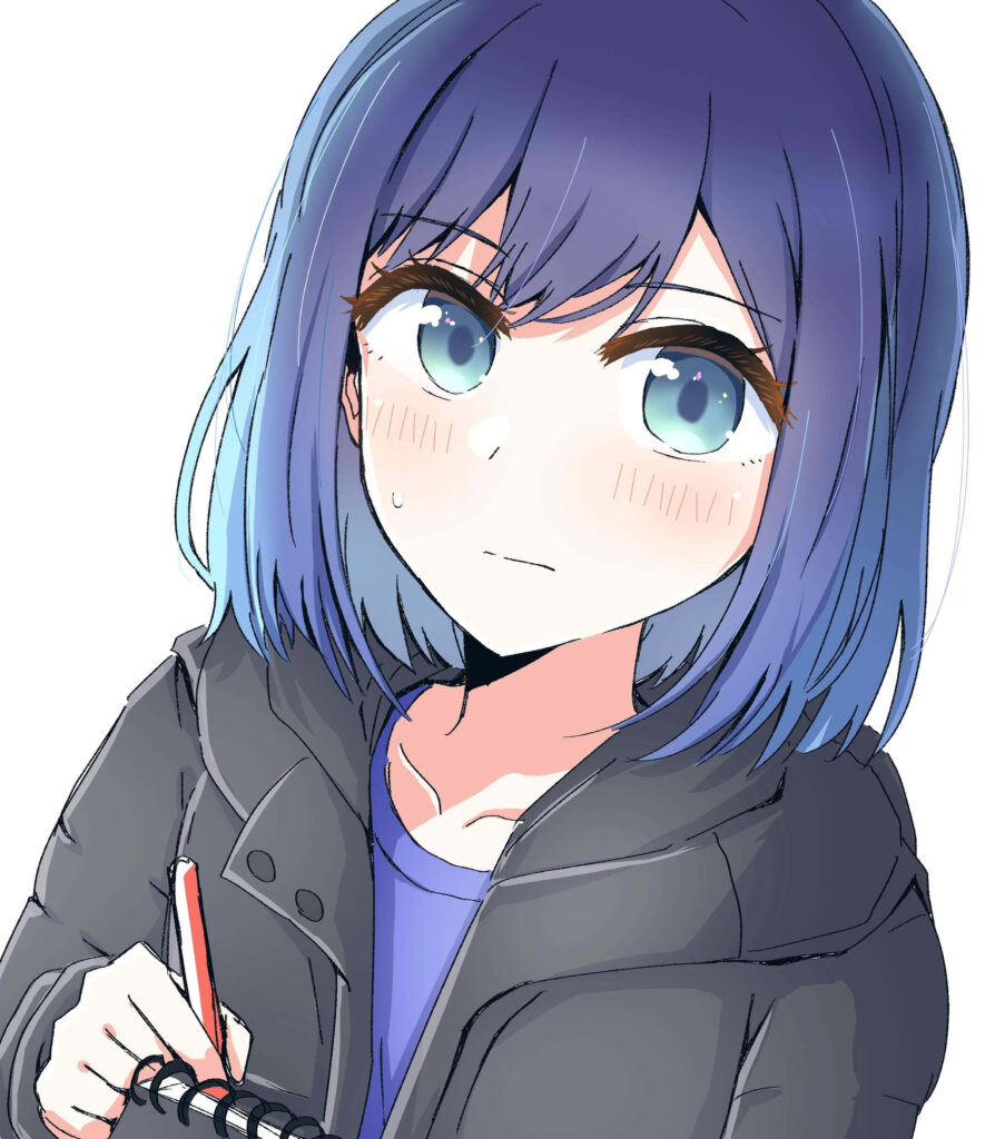 Blue haired anime character Akane Kurokawa holding notebook and pen with thoughtful expression Wallpaper