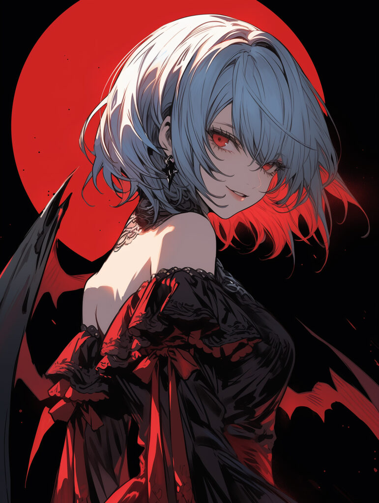 Anime Wallpaper: Blue-Haired Girl in Dark Dress on Bold Red Background