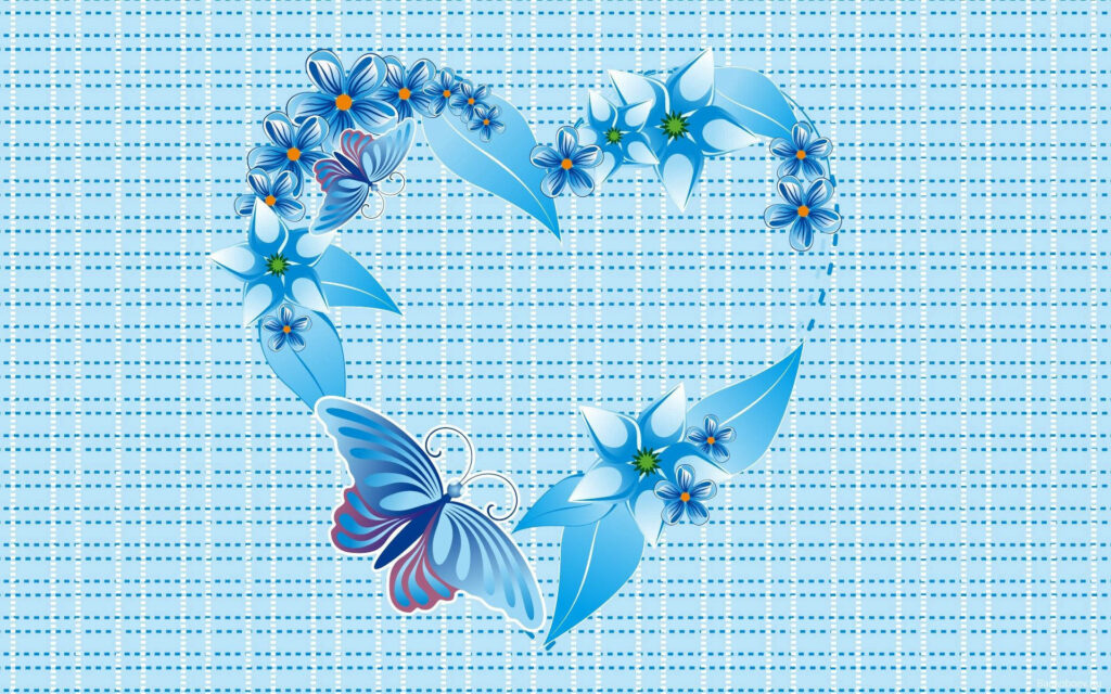 Whimsical Blue Heart: Captivating Floral Pattern with a Focal Butterfly Wallpaper