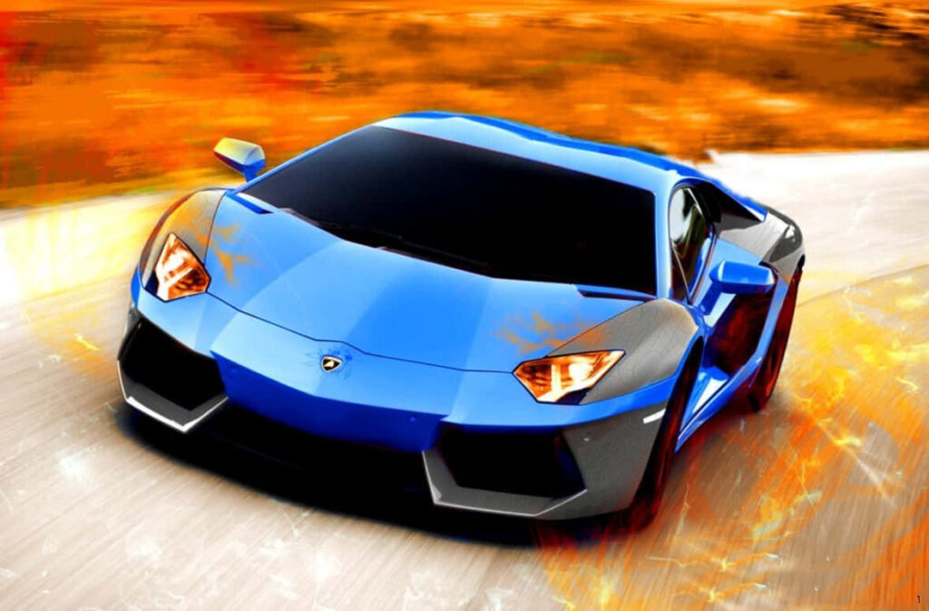Blue Lamborghini Aventador speeding with fiery orange yellow motion effects sports car wallpaper