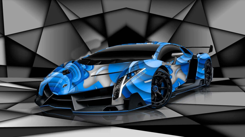 Blue Lamborghini Aventador sports car with sleek design against abstract geometric wallpaper background