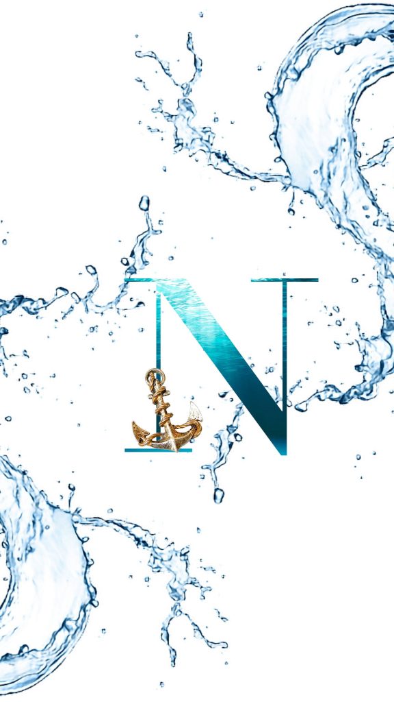 Blue liquid letter N with gold anchor and water splashes on white nautical wallpaper background