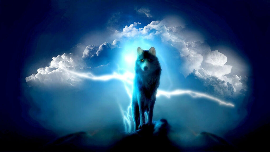 Majestic wolf with glowing eyes stands against stormy clouds electric blue lightning wallpaper