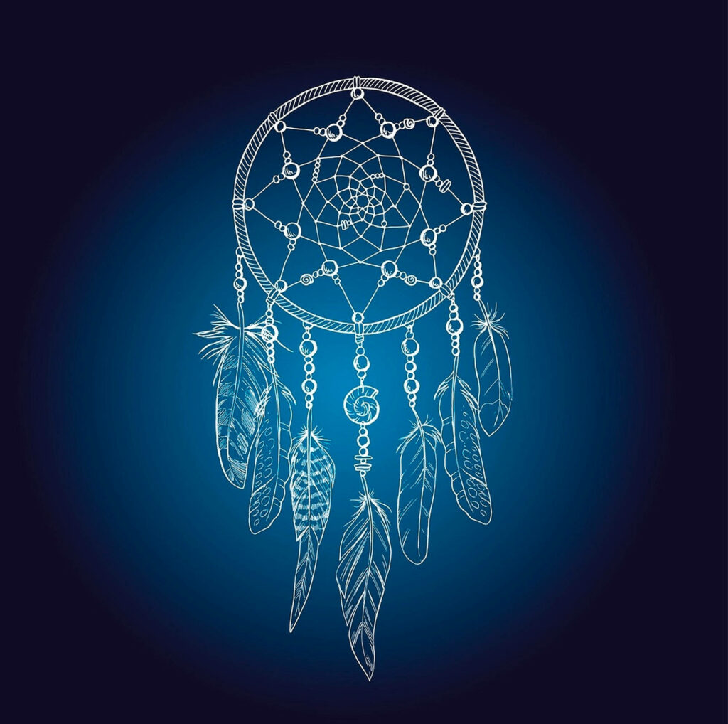 Blue minimalist dream catcher wallpaper with delicate white feathers and soft gradient background