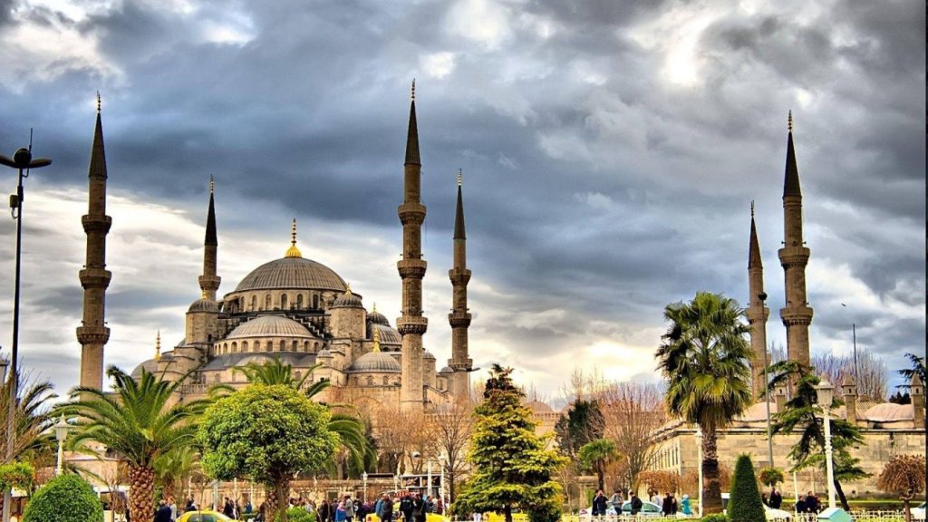 Blue Mosque Istanbul with six minarets and domes under cloudy sky framed by palm trees wallpaper