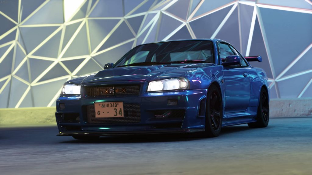 Customized blue Nissan Skyline GT-R R34 low angle digital art with moody geometric background Wallpaper
