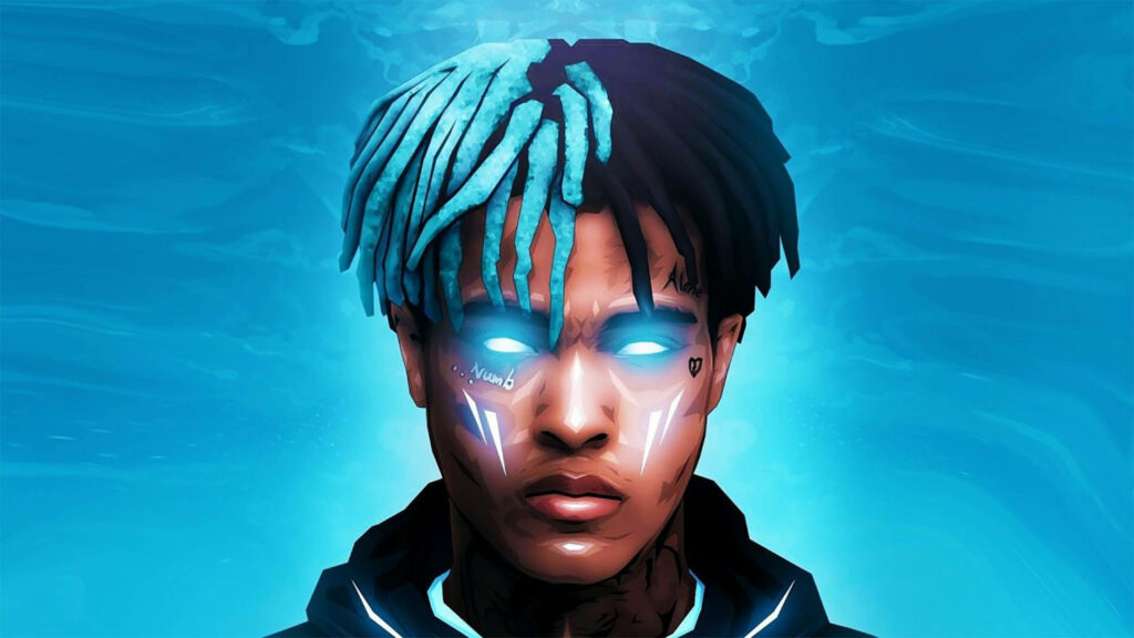 Digital art wallpaper of XXXTentacion with split-tone dreadlocks and glowing blue eyes